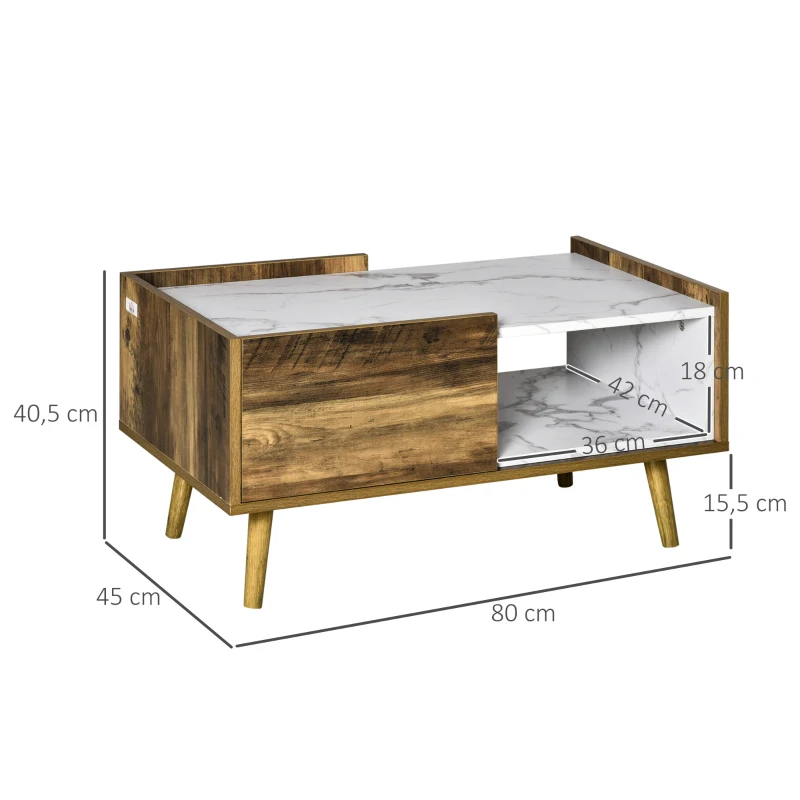 HOMCOM Mesa de Centro para Sala de Estar com Gaveta e Prateleira Aberta Mesa de Centro Estilo Industrial com Bancada com Efeito de Mármore e Pés de Madeira Elevados 80x45x40,5cm Marrom Rústico e Branco
