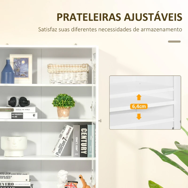HOMCOM Vitrine para Sala de Estar Estante de Livros com 4 Portas e Prateleiras Superiores com Altura Ajustável Estilo Moderno Multiúso para Cozinha Escritório Dormitório 76x40x178,5 Branco