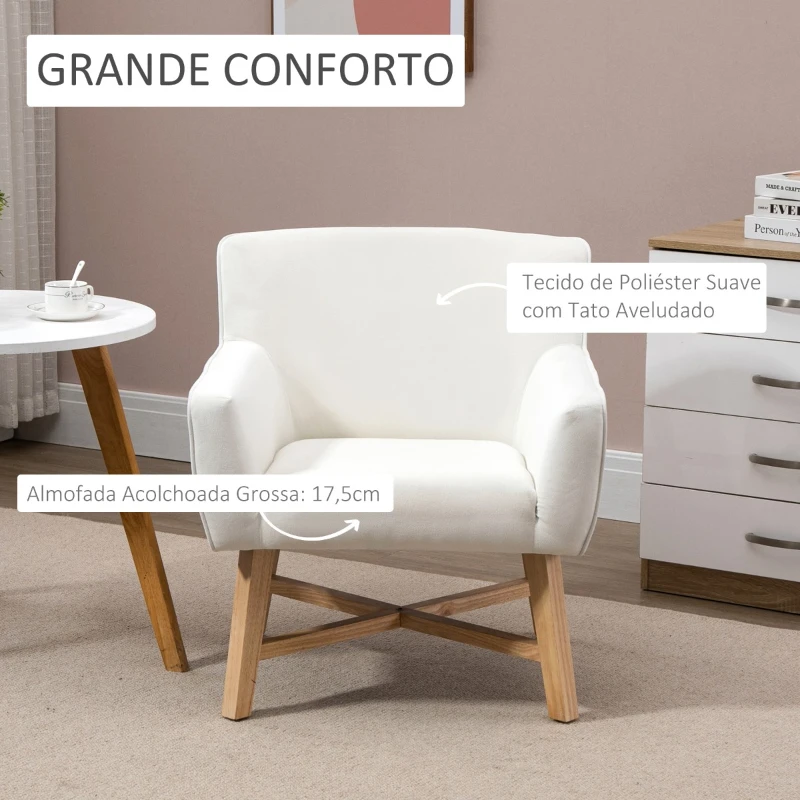 HOMCOM Poltrona de Sala de Estar Estofada em Veludo Poltrona Relax Moderna com Apoio para os Braços Acolchoados Pés de Madeira e Base Cruzada para Dormitório 67x65x74cm Branco Creme