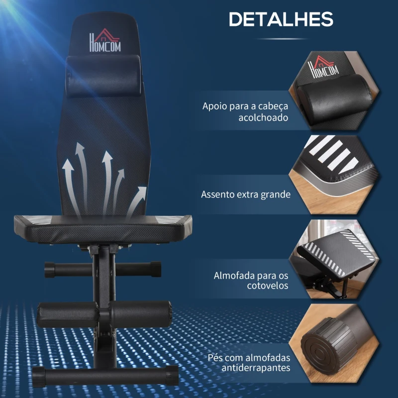 HOMCOM Banco de Pesos Dobrável Banco de Abdominais Ajustável com Encosto Inclinável em 6 Posições e Apoio para a Cabeça para Treinamento Completo do Corpo 145x55x41-114cm Preto