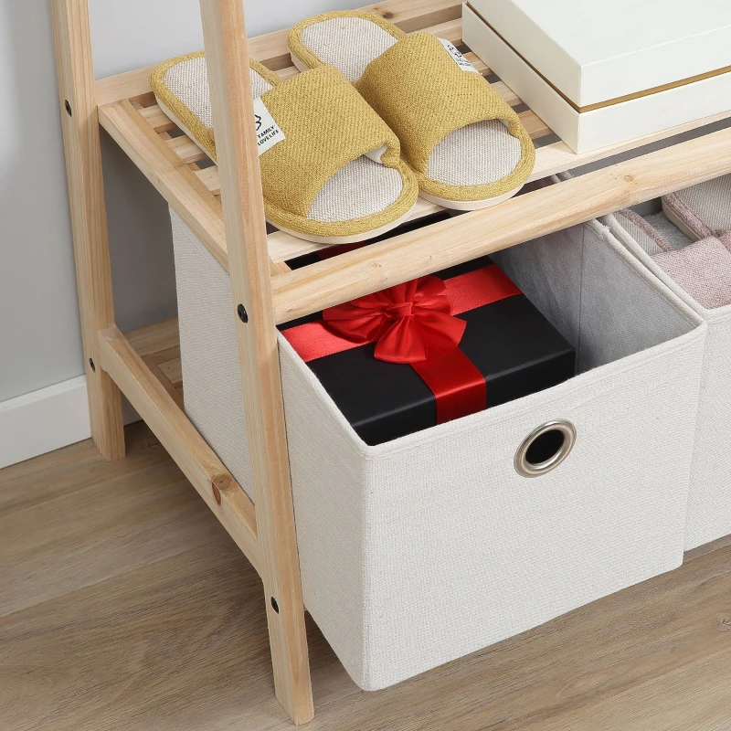HOMCOM Suporte para Cabides de Madeira 2 Prateleiras Cabide com 2 Gavetas de Tecido 4 Ganchos e Barra para Pendurar 58x36x168cm Madeira