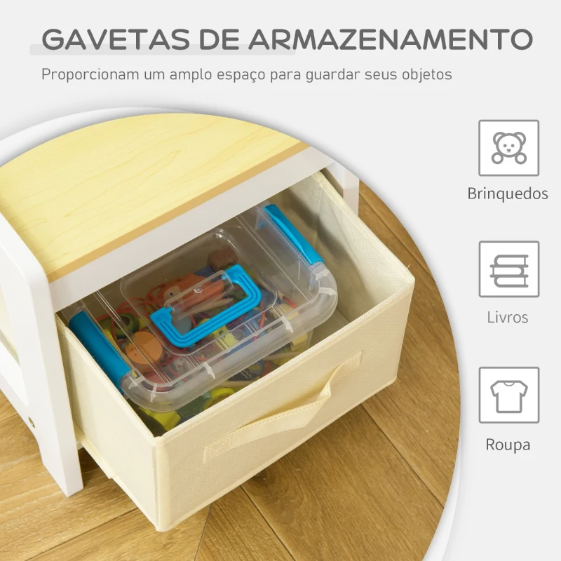 HOMCOM Conjunto de Mesa 3 em 1 com 2 Cadeiras de Madeira 5 Gavetas de TNT para Armazenamento Mesa de Atividades para Blocos de Construção e Circuito de Carros Branco e Madeira
