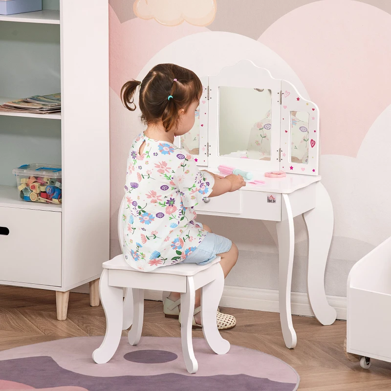 HOMCOM Toucador Infantil de Madeira com Banco e Espelho de Acrílico de 2 Sessões Mesa de Maquilhagem Infantil com Gaveta para Dormitório Sala de Jogos 63x40x85,5cm Branco
