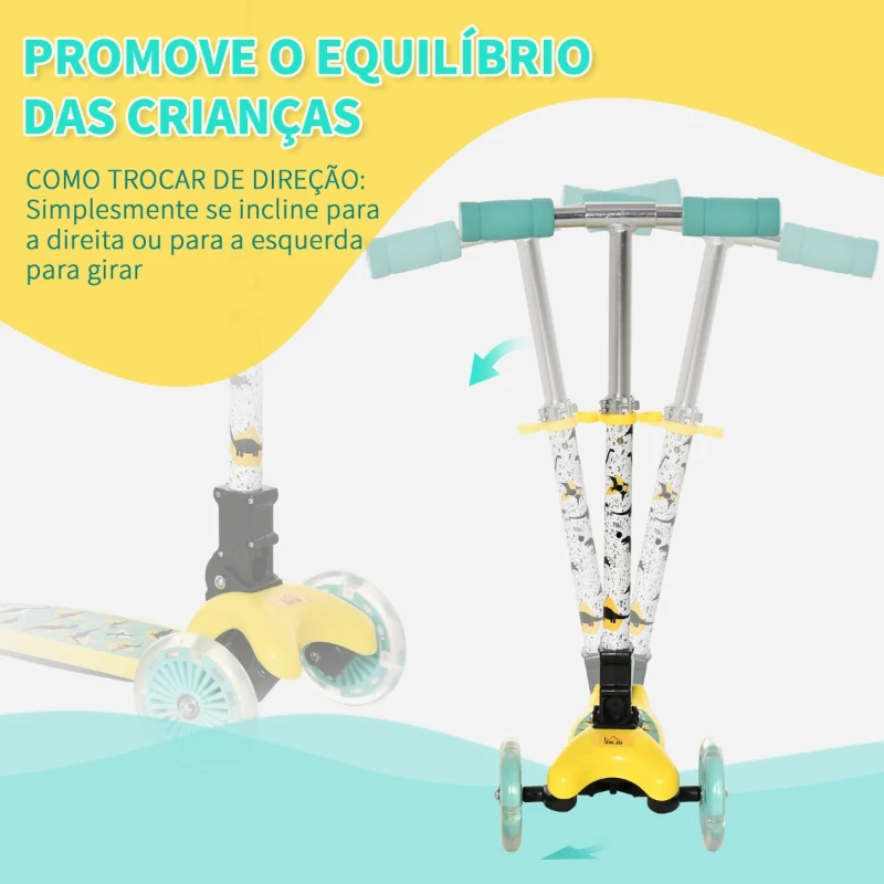 HOMCOM Trotinete para Crianças acima de 3 Anos Dobrável Trotinete com 3 Rodas com Luzes LED Guiador com Altura Ajustável e Freio Posterior Carga Máxima 50kg 54,7x32,5x59-69cm Amarelo