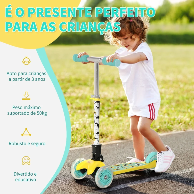 HOMCOM Trotinete para Crianças acima de 3 Anos Dobrável Trotinete com 3 Rodas com Luzes LED Guiador com Altura Ajustável e Freio Posterior Carga Máxima 50kg 54,7x32,5x59-69cm Amarelo