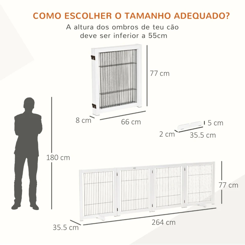 PawHut Barreira de Segurança Dobrável para Cães Barreira de Proteção com 4 Painéis para Animais de Estimação com Pés para Portas Escadas Corredores 264x35,5x77cm Branco