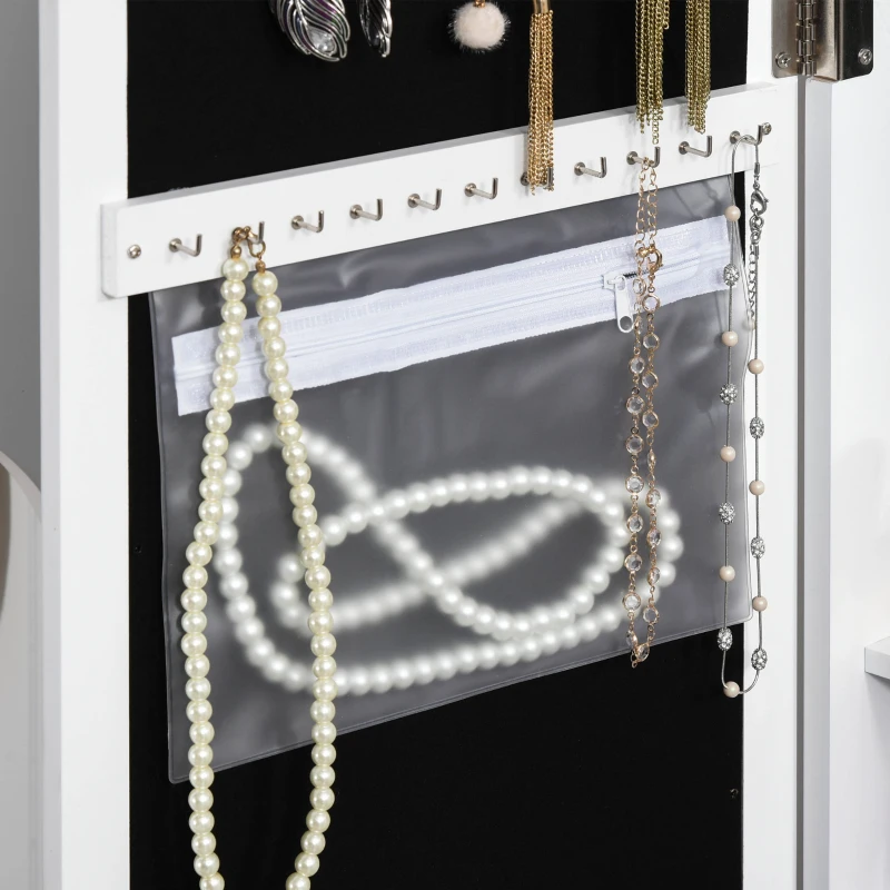 HOMCOM Espelho com Móvel de Bijuterias de Parede ou Porta Armário Guarda Jóias com 18 Luzes LED Altura Ajustável e Prateleira Aberta Organizador de Jóias 31,7x13,4x130cm Branco