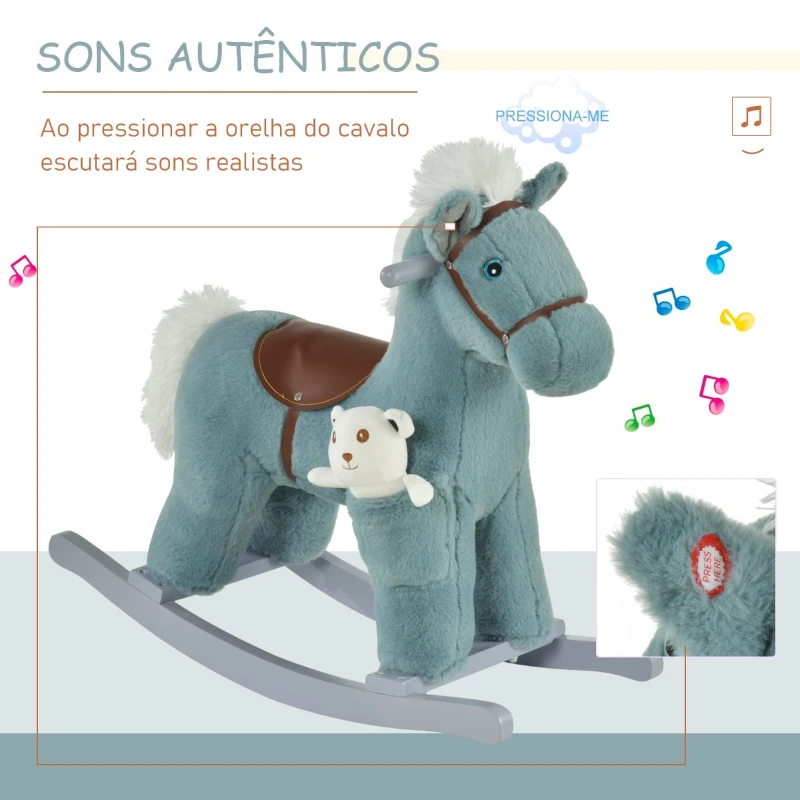 HOMCOM Cavalo Baloiço para Crianças de 18-36 Meses Cavalo de Balançar com Ursinho de Pelúcia Sons de Relinchos e Galopes base de Madeira 65x26x55cm Azul