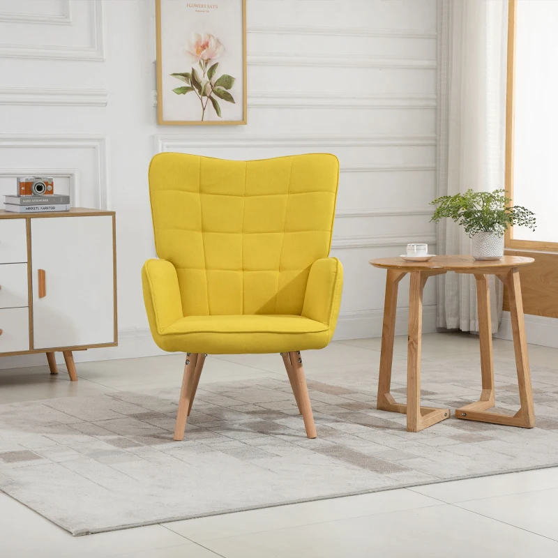 HOMCOM Poltrona de Sala de Estar Moderna Poltrona com Encosto Alto Apoio para os Braços Tecido de Linho e Pés de Madeira de Faia para Sala de Jantar Cozinha 71x76x101 cm Amarelo