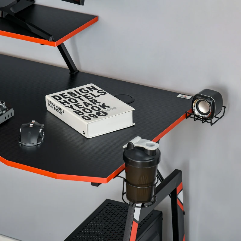 HOMCOM Mesa Gaming Ergonómica Secretária para Computador com Suporte para Monitor e Alto Falante Porta-Copos Gancho para Fones de Ouvido Fibra de Carbono 120x60x94,5 Preto
