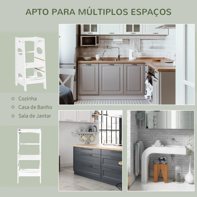 HOMCOM Torre de Aprendizagem de Madeira para Crianças Torre de Aprendizagem Infantil com Altura Ajustável em 3 Posições e Barra de Segurança 40x50x90cm Branco