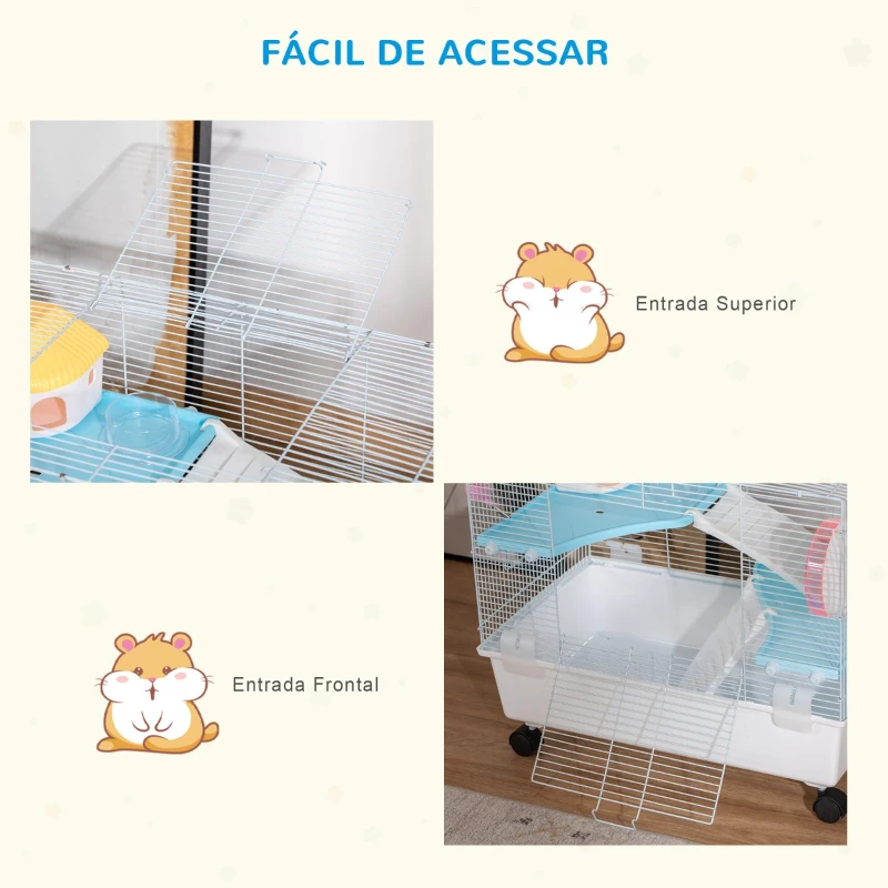 PawHut Gaiola para Hamster Gaiola para Pequenos Roedores com Casa Comedouro Bebedouro Roda de Exercícios Alça e Rodas com Freio 60x35x47cm Branco