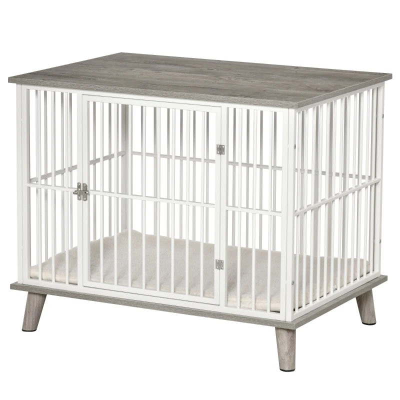 PawHut Dog Crate, Pet Cage Kennel, with Soft Cushion, Wooden Top, for Small Medium Dogs, Indoor Use, Grey