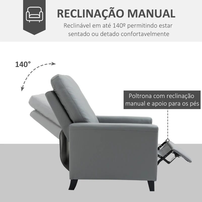 HOMCOM Poltrona Relax Reclinável em até 140° Estofada em PU com Apoio para os Pés Retrátil Assento e Encosto Acolchoados para Sala de Estar Escritório Dormitório 70,5x86x99cm Cinza