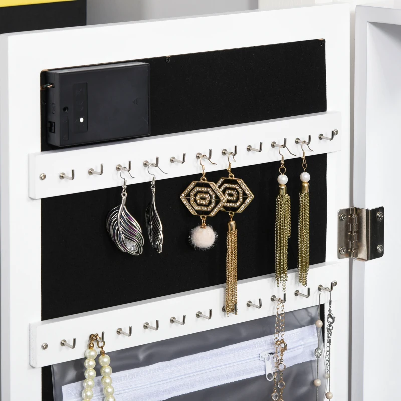 HOMCOM Espelho com Móvel de Bijuterias de Parede ou Porta Armário Guarda Jóias com 18 Luzes LED Altura Ajustável e Prateleira Aberta Organizador de Jóias 31,7x13,4x130cm Branco