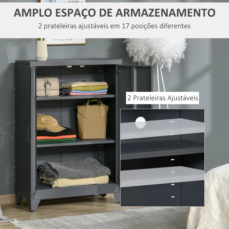 HOMCOM Armário de Metal de Armazenamento com Dupla Porta 2 Prateleiras com Altura Ajustável Armário Multiúso para Escritório Dormitório Garagem 75x33x110cm Cinza
