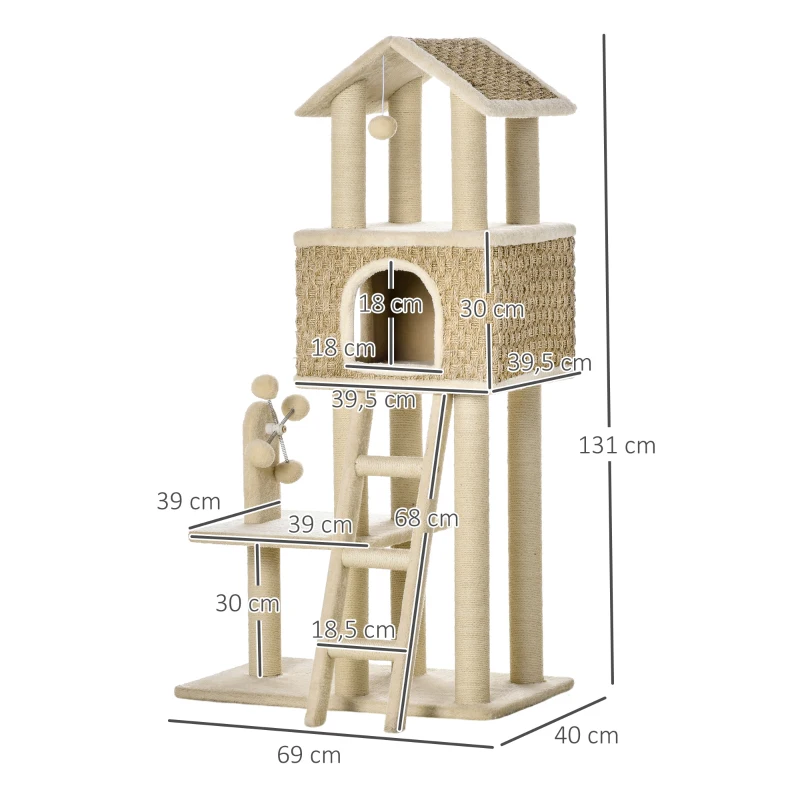 PawHut Árvore Arranhadora para Gatos Grande Altura 131cm com Caverna Postes de Sisal Natural Plataformas Bola Suspensa e Moinho de Vento de Brinquedo 69x40x131cm Bege