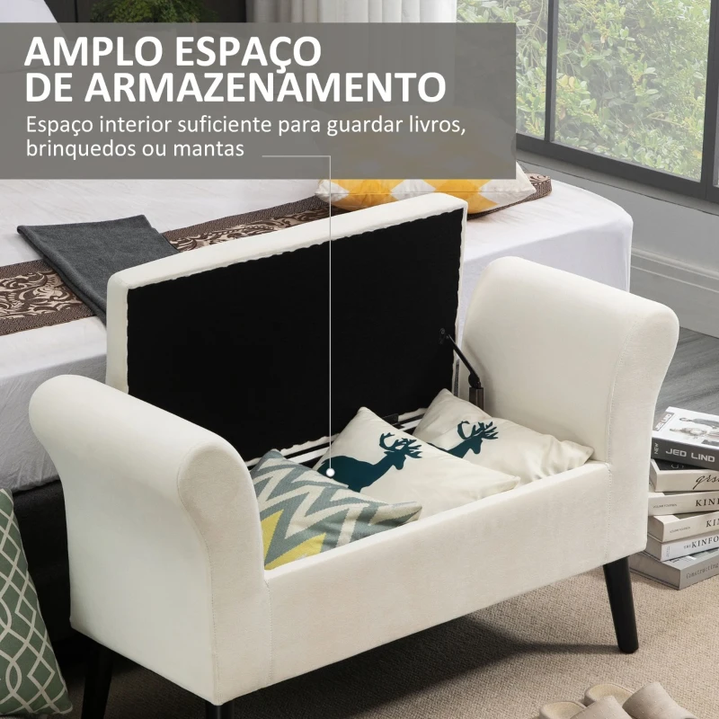 HOMCOM Banco para Pé de Cama Estofado em Veludo Banco de Armazenamento Acolchoado com Tampa Apoio para os Braços Pés de Madeira para Dormitório Sala de Estar 111,5x41x65cm Branco Creme