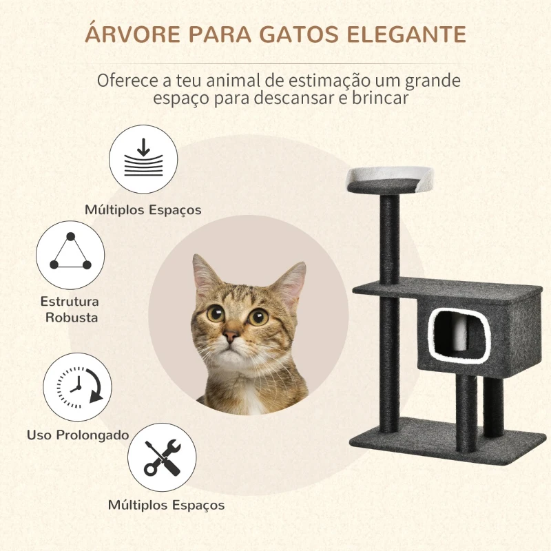PawHut Árvore para Gatos Torre de Escalada para Gato com Caverna Várias Plataformas e Postes Arranhadores de Sisal Natural Centro de Atividades 70x41x112cm Cinza Escuro