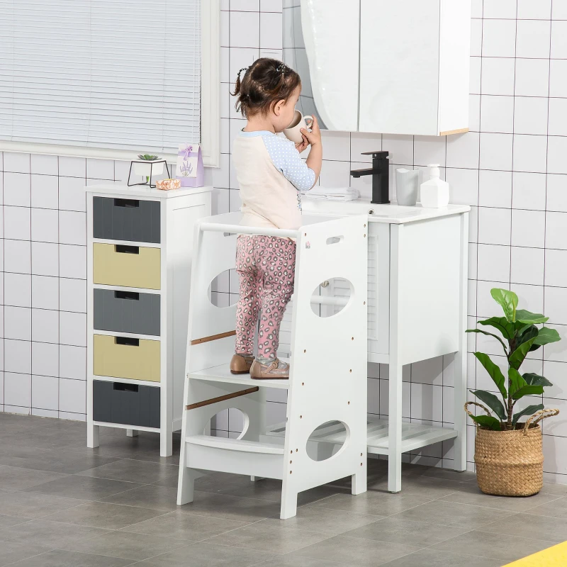HOMCOM Torre de Aprendizagem de Madeira para Crianças Torre de Aprendizagem Infantil com Altura Ajustável em 3 Posições e Barra de Segurança 40x50x90cm Branco