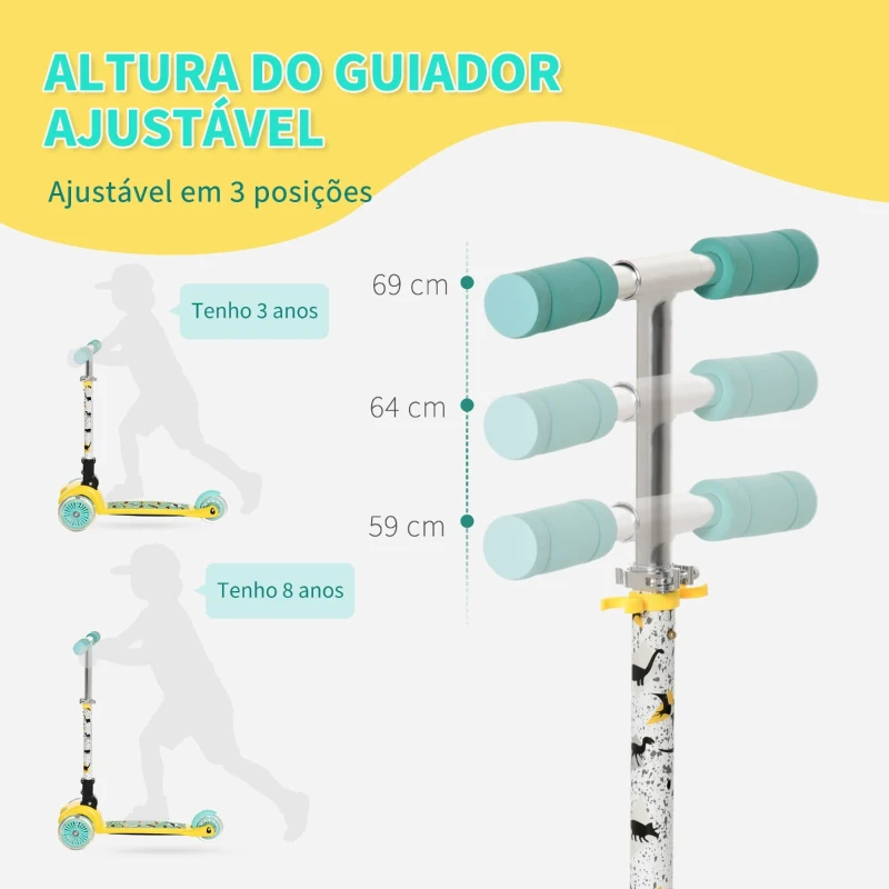 HOMCOM Trotinete para Crianças acima de 3 Anos Dobrável Trotinete com 3 Rodas com Luzes LED Guiador com Altura Ajustável e Freio Posterior Carga Máxima 50kg 54,7x32,5x59-69cm Amarelo