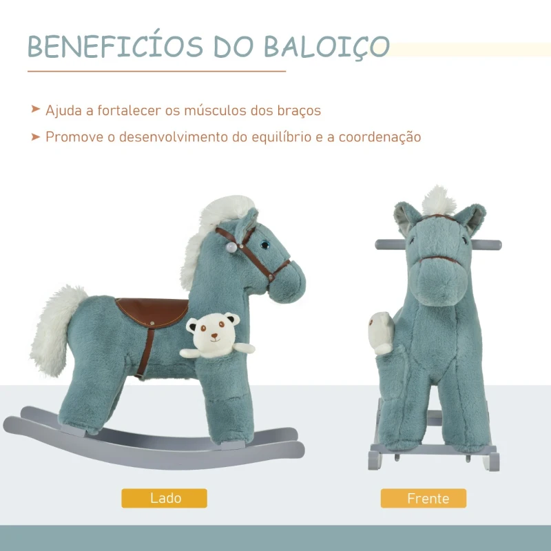 HOMCOM Cavalo Baloiço para Crianças de 18-36 Meses Cavalo de Balançar com Ursinho de Pelúcia Sons de Relinchos e Galopes base de Madeira 65x26x55cm Azul