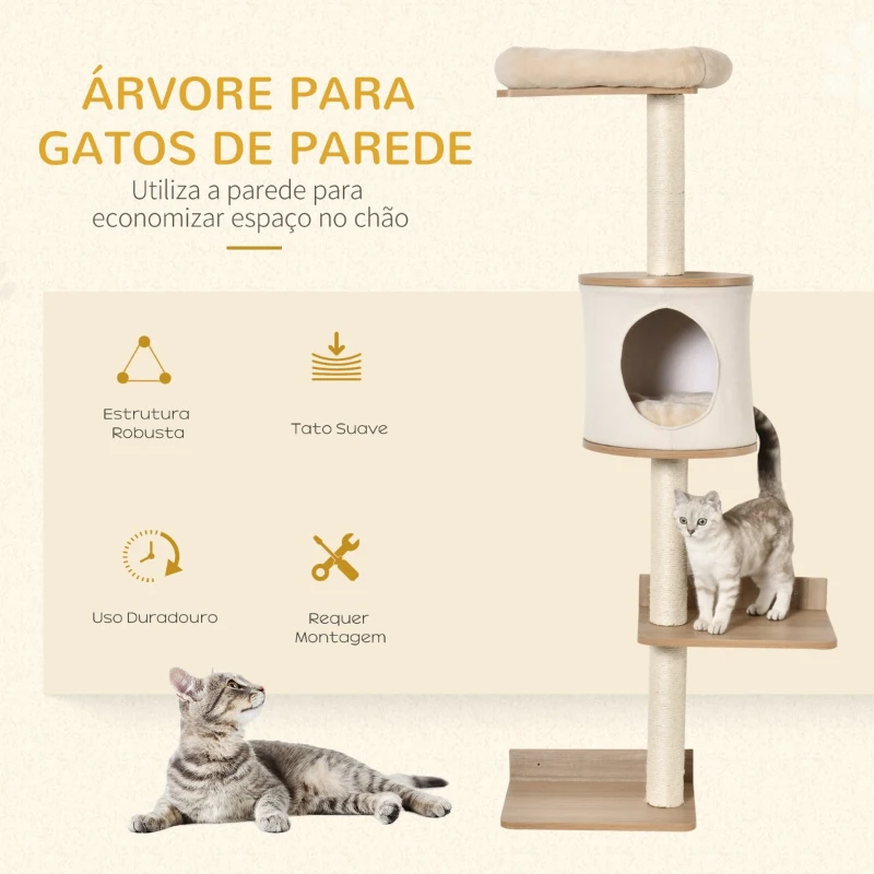 PawHut Árvore para Gatos de Parede com Múltiplas Plataformas Caverna Cama Superior Almofada Removível Postes Arranhadores de Sisal Torre para Escalar 38x30x149cm Bege e Carvalho