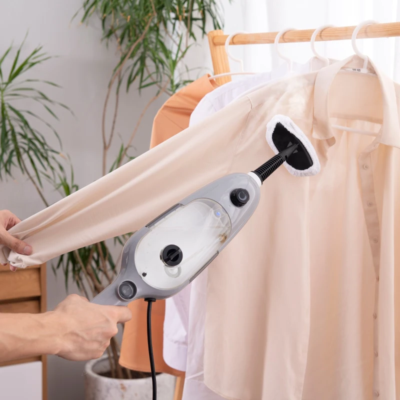 HOMCOM Mopa a Vapor 1300W Limpador a Vapor Multifuncional com Depósito de 450ml e 11 Acessórios Incluídos Aquecimento em 20-30 Segundos 28x21x112cm Cinza e Branco