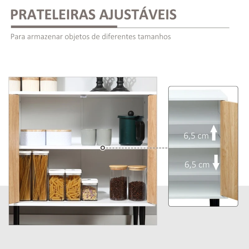 HOMCOM Aparador de sala de estar com 4 Portas Prateleiras Ajustáveis e Pés Metalicos Móvel Auxiliar Moderno 147,2x40,5x76,2cm Natural e Branco