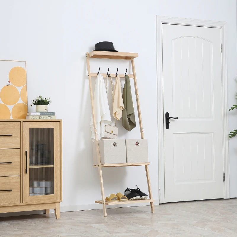 HOMCOM Vestiaire d'entrée porte-manteau 4 patères double 2 paniers polyester gris clair 2 étagères bois de sapin