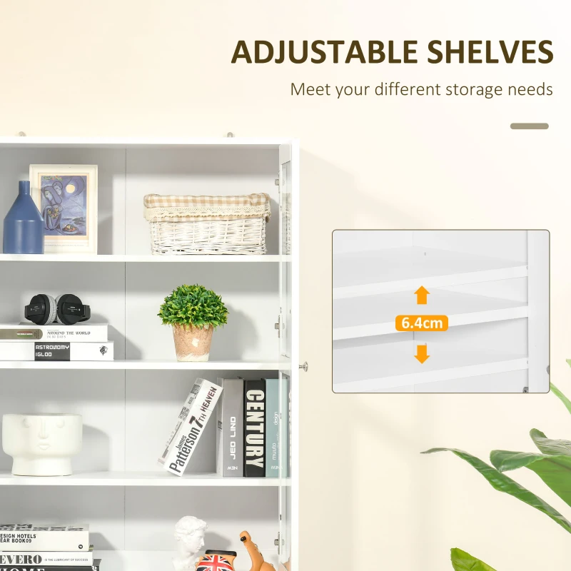 HOMCOM Modern Bookcase with Glass Doors, Display Storage Cabinet with Adjustable Shelves for Living Room, Study, Office, White