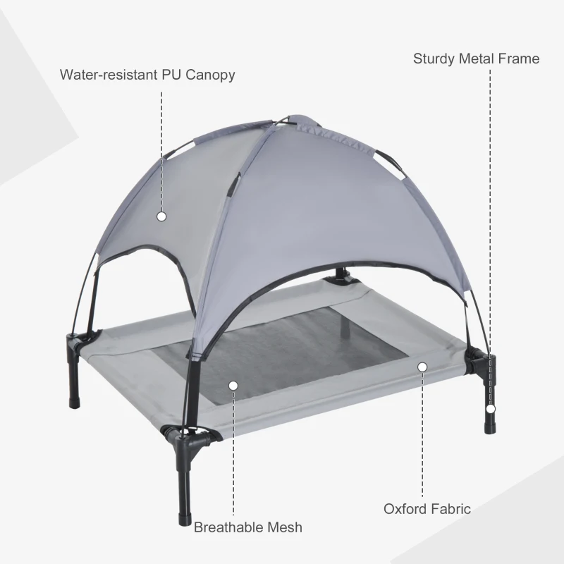 PawHut Raised Dog Bed Waterproof Elevated Pet Cot with Breathable Mesh UV Protection Canopy Grey, for Medium Dogs, 76 x 61 x 73cm