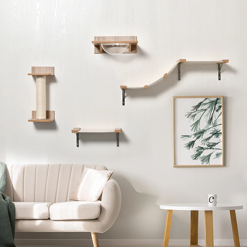 PawHut 4PCs Wall-mounted Cats Climbing Shelf Set Cat Tree Kitten Perch Activity Center with Hammock Scratching Post Jumping Platform Brown