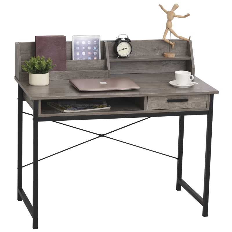 Bureau secrétaire style industriel tiroir, compartiment, 3 étagères métal noir aspect bois gris