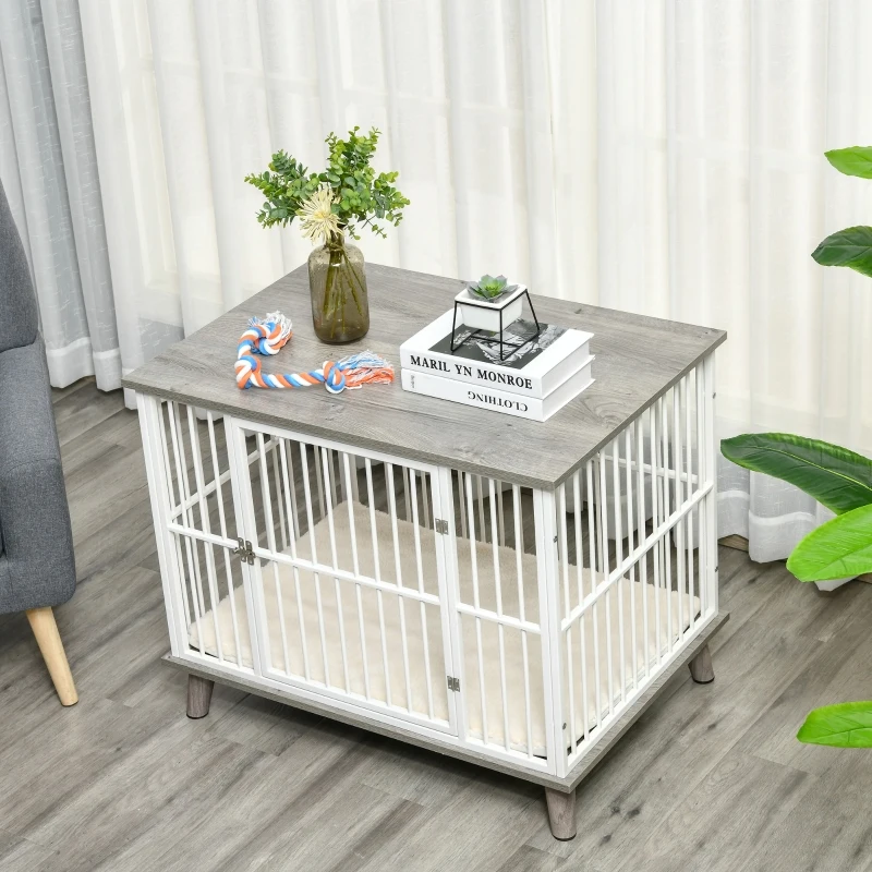 PawHut Dog Crate, Pet Cage Kennel, with Soft Cushion, Wooden Top, for Small Medium Dogs, Indoor Use, Grey