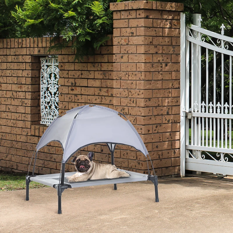 PawHut Raised Dog Bed Waterproof Elevated Pet Cot with Breathable Mesh UV Protection Canopy Grey, for Medium Dogs, 76 x 61 x 73cm