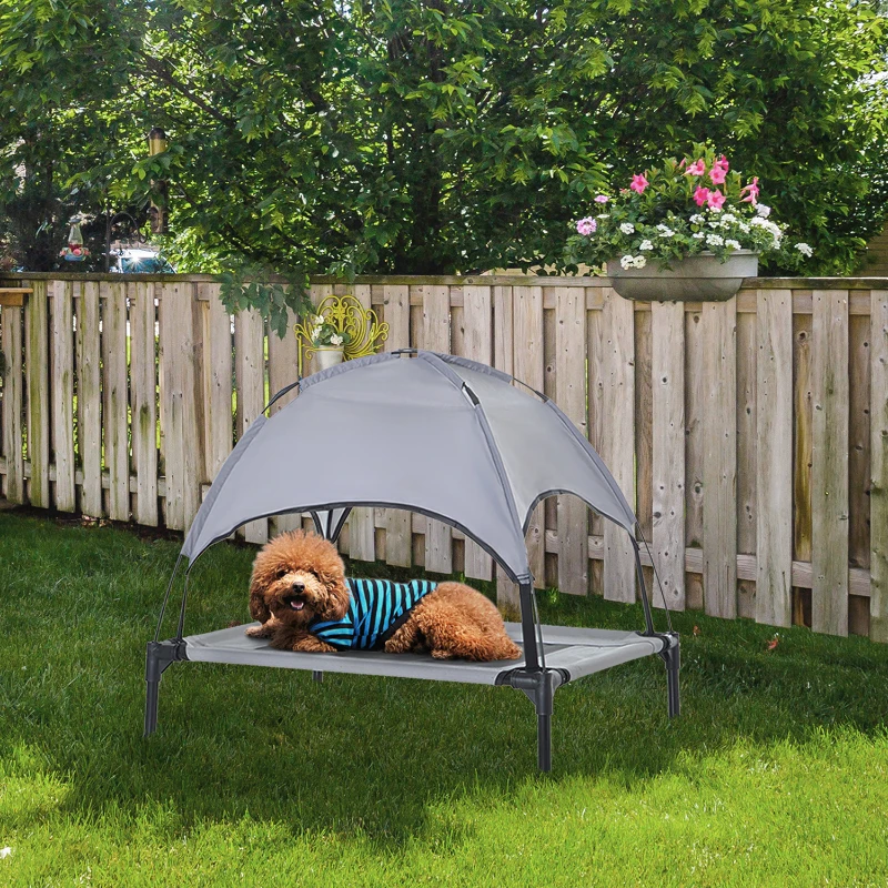 PawHut Raised Dog Bed Waterproof Elevated Pet Cot with Breathable Mesh UV Protection Canopy Grey, for Medium Dogs, 76 x 61 x 73cm