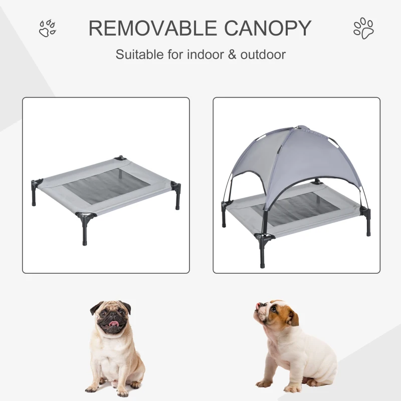 PawHut Raised Dog Bed Waterproof Elevated Pet Cot with Breathable Mesh UV Protection Canopy Grey, for Medium Dogs, 76 x 61 x 73cm