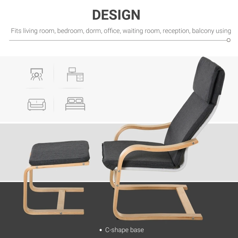 HOMCOM Set of 2 Linen Leisure Chair with Footstool, Modern Elegant Accent Chair with Wood Base Sponge Padded Cushion Headrest, Grey