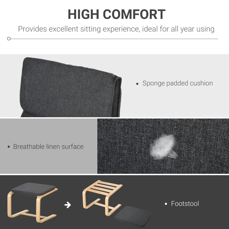 HOMCOM Set of 2 Linen Leisure Chair with Footstool, Modern Elegant Accent Chair with Wood Base Sponge Padded Cushion Headrest, Grey