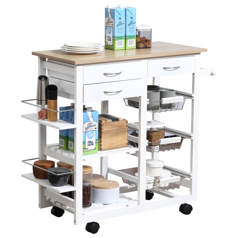 Desserte chariot cuisine multi-rangements MDF imitation chêne clair pin blanc