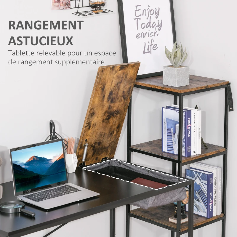 HOMCOM Bureau Design Industriel Rangement intégré châssis métal Noir Grand Plateau MDF Bicolore Noir et boisé