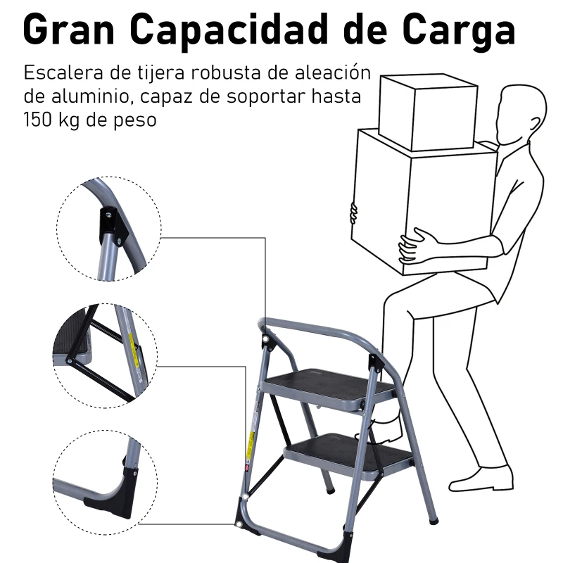 HOMCOM Escalera Plegable de Acero Taburete Escabel Base Antideslizante Tijera 2 Modelos (2 Peldaños)