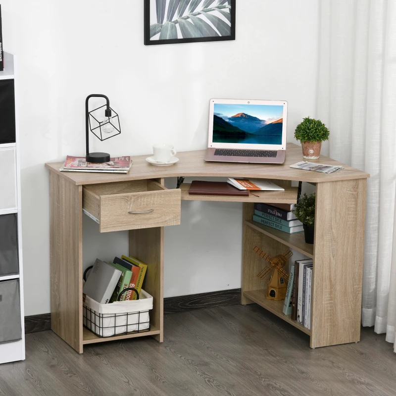 HOMCOM L-Shaped Corner Computer Desk & 2-Tier Side Shelves Wide Table Top with Keyboard Tray, Drawer & CPU Stand for Office Study Bedroom Furniture, Nature