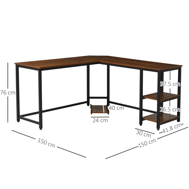 HOMCOM L-Shaped Corner Computer Office Desk  PC Table Workstation with CPU Stand, Walnut Wood Color