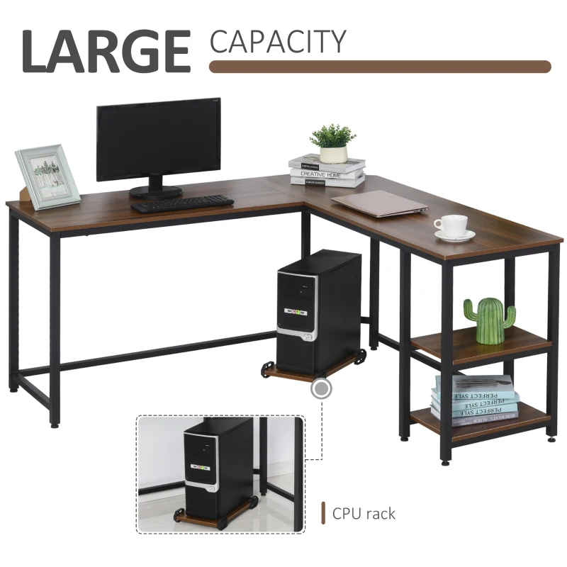 HOMCOM L-Shaped Corner Computer Office Desk  PC Table Workstation with CPU Stand, Walnut Wood Color