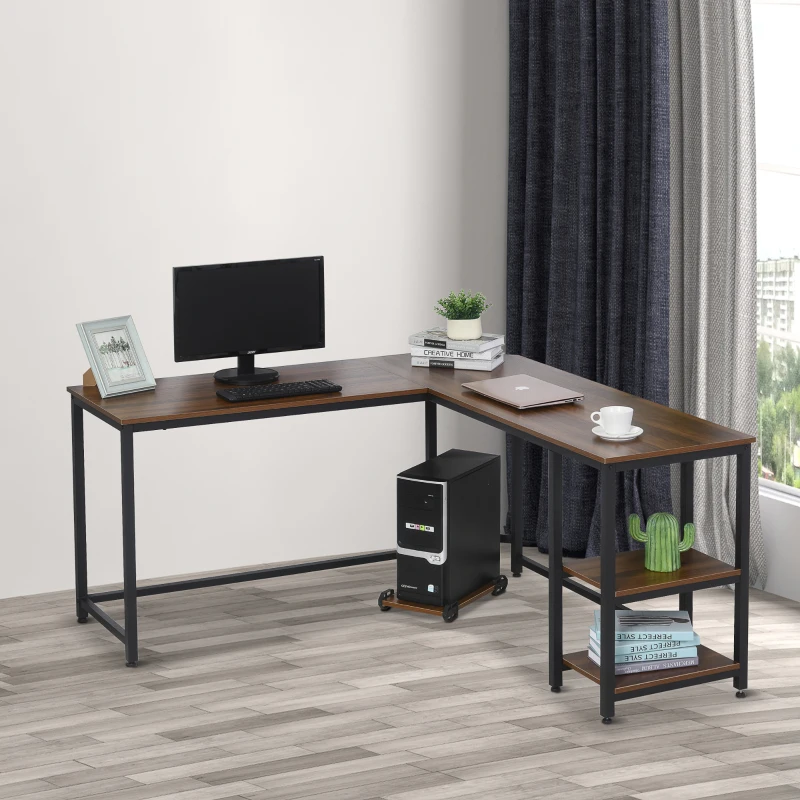 HOMCOM L-Shaped Corner Computer Office Desk  PC Table Workstation with CPU Stand, Walnut Wood Color