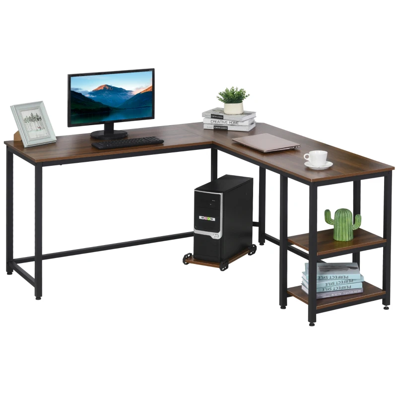 HOMCOM L-Shaped Corner Computer Office Desk  PC Table Workstation with CPU Stand, Walnut Wood Color