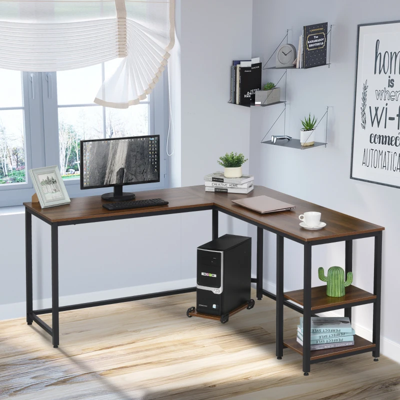 HOMCOM L-Shaped Corner Computer Office Desk  PC Table Workstation with CPU Stand, Walnut Wood Color