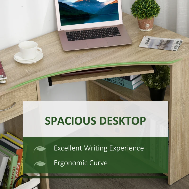 HOMCOM L-Shaped Corner Computer Desk & 2-Tier Side Shelves Wide Table Top with Keyboard Tray, Drawer & CPU Stand for Office Study Bedroom Furniture, Nature